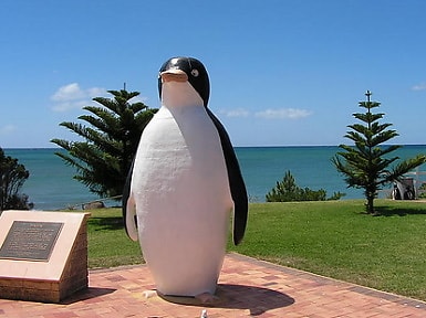 The iconic Big Penguin statue in Penguin town with ocean and Norfolk pines in the background