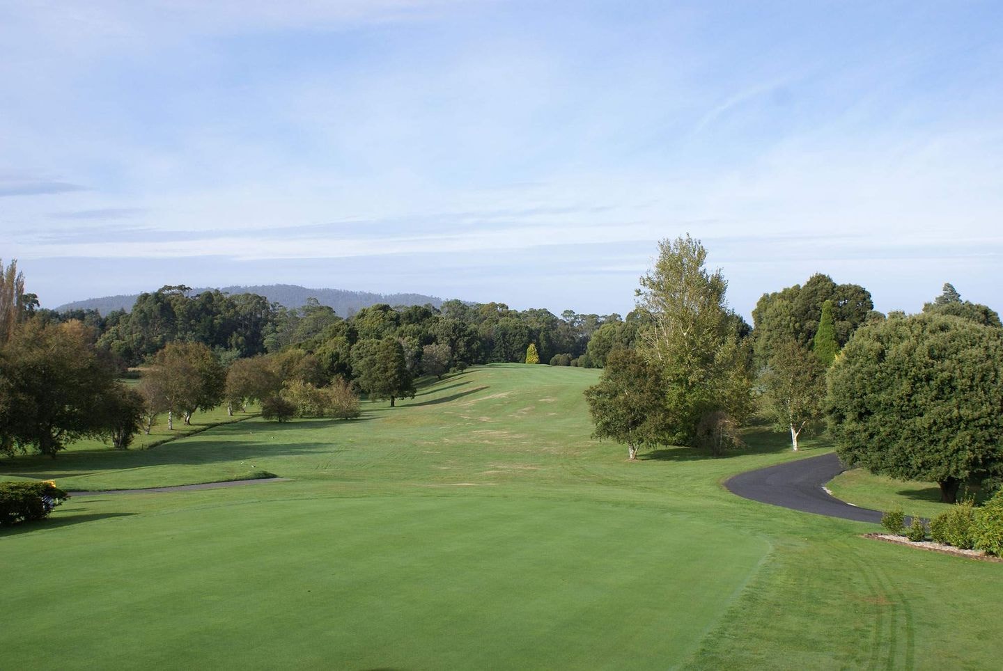 Golfer teeing off on a lush green golf course in Tasmania