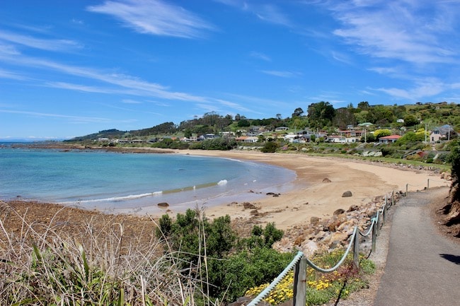 Penguin Promenade walking track with sweeping views of the bay and beach, Tasmania