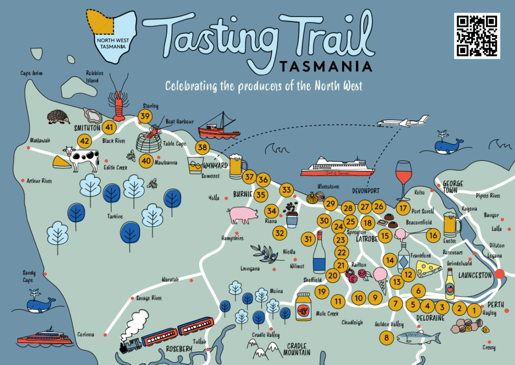 Tasting Trail Tasmania map celebrating the producers of the North West